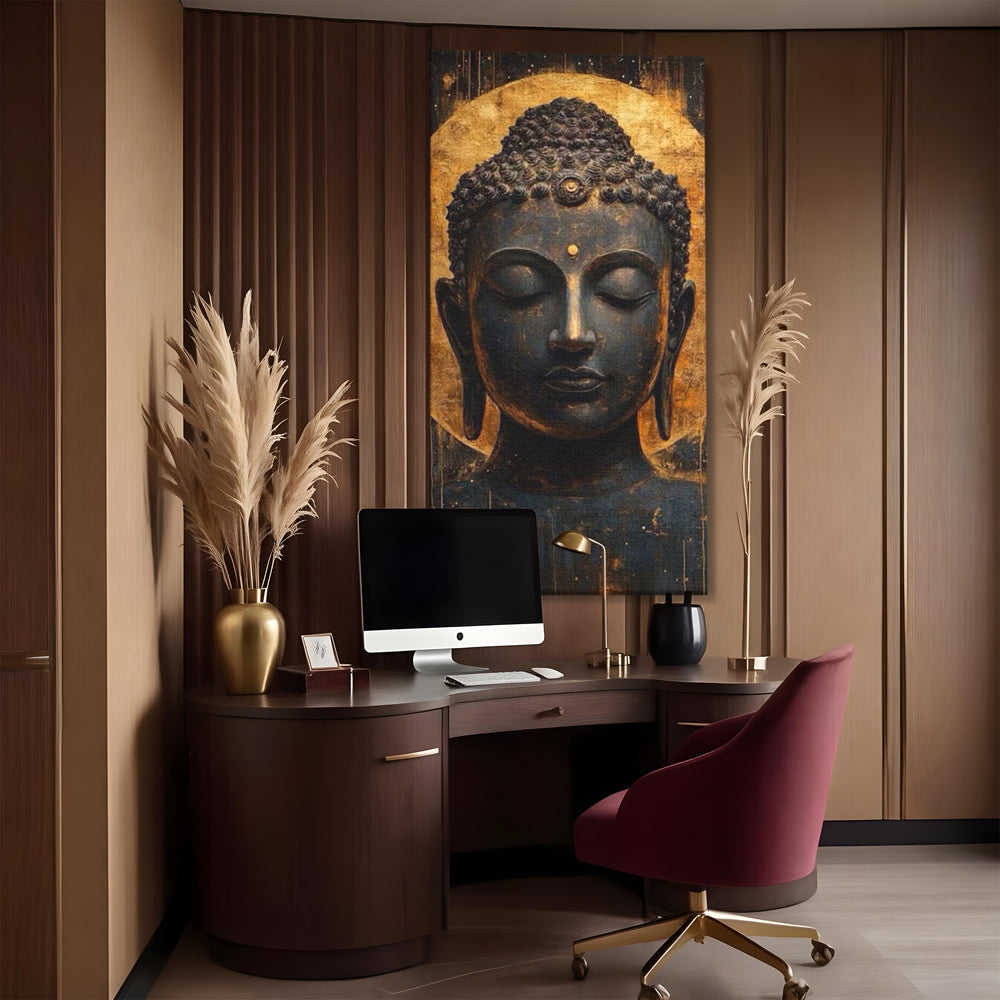 Tablou canvas cu tablou canvas cu capul lui buddha, fara rama, pe sasiu de lemn, pe perete intr-un birou